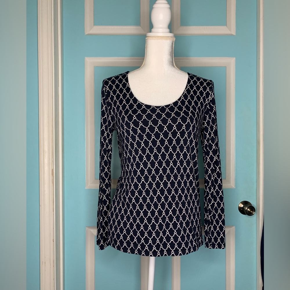 Ann Taylor Navy Blue & White Long Sleeve Blouse Size-M